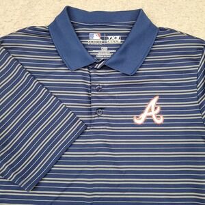 TX3 Cool Atlanta Braves Polo Shirt Mens L Blue Short Sleeve Striped MLB Wicking